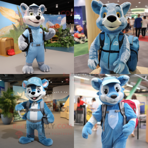 Sky Blue Thylacosmilus mascot costume character dressed with a Overalls and Backpacks