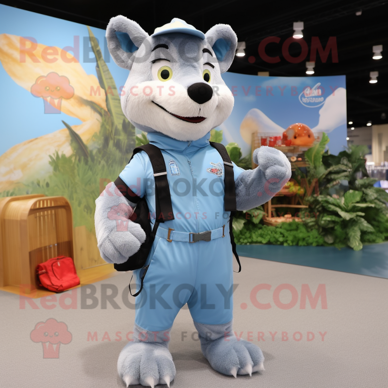 Sky Blue Thylacosmilus mascot costume character dressed with a Overalls and Backpacks