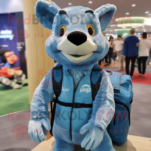 Sky Blue Thylacosmilus mascot costume character dressed with a Overalls and Backpacks