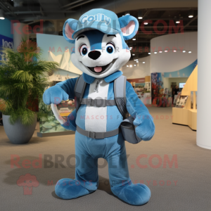 Sky Blue Thylacosmilus mascot costume character dressed with a Overalls and Backpacks