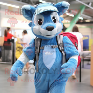 Sky Blue Thylacosmilus mascot costume character dressed with a Overalls and Backpacks