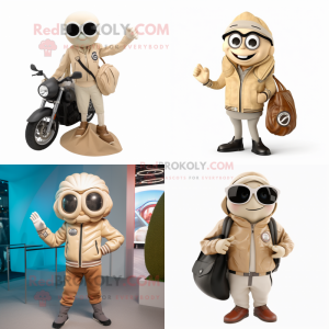Beige Oyster mascot costume character dressed with a Moto Jacket and Handbags
