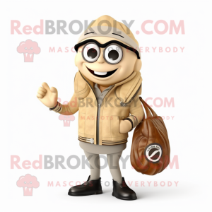 Beige Oyster mascot costume character dressed with a Moto Jacket and Handbags