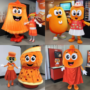 Orange Lasagna mascot costume character dressed with a Shift Dress and Keychains