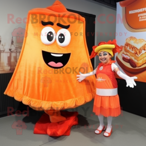 Orange Lasagna mascot costume character dressed with a Shift Dress and Keychains