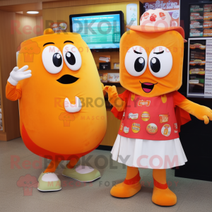 Orange Lasagna mascot costume character dressed with a Shift Dress and Keychains