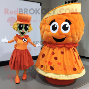 Orange Lasagna mascot costume character dressed with a Shift Dress and Keychains