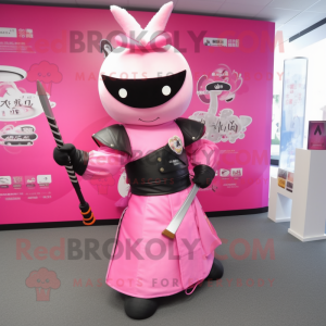 Pink Samurai mascot costume character dressed with a A-Line Skirt and Gloves