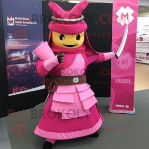 Pink Samurai mascot costume character dressed with a A-Line Skirt and Gloves