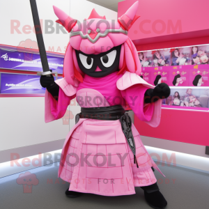 Pink Samurai mascot costume character dressed with a A-Line Skirt and Gloves