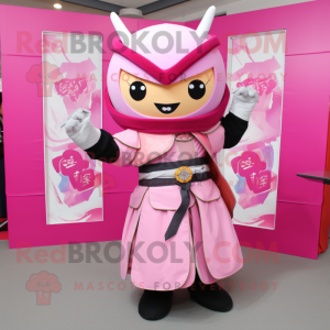 Pink Samurai mascot costume character dressed with a A-Line Skirt and Gloves