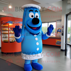 Blue Hot Dogs mascot costume character dressed with a Dress Shirt and Gloves