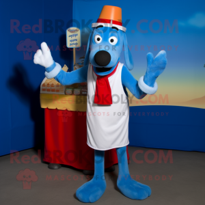 Blue Hot Dogs mascot costume character dressed with a Dress Shirt and Gloves