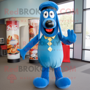 Blue Hot Dogs mascot costume character dressed with a Dress Shirt and Gloves