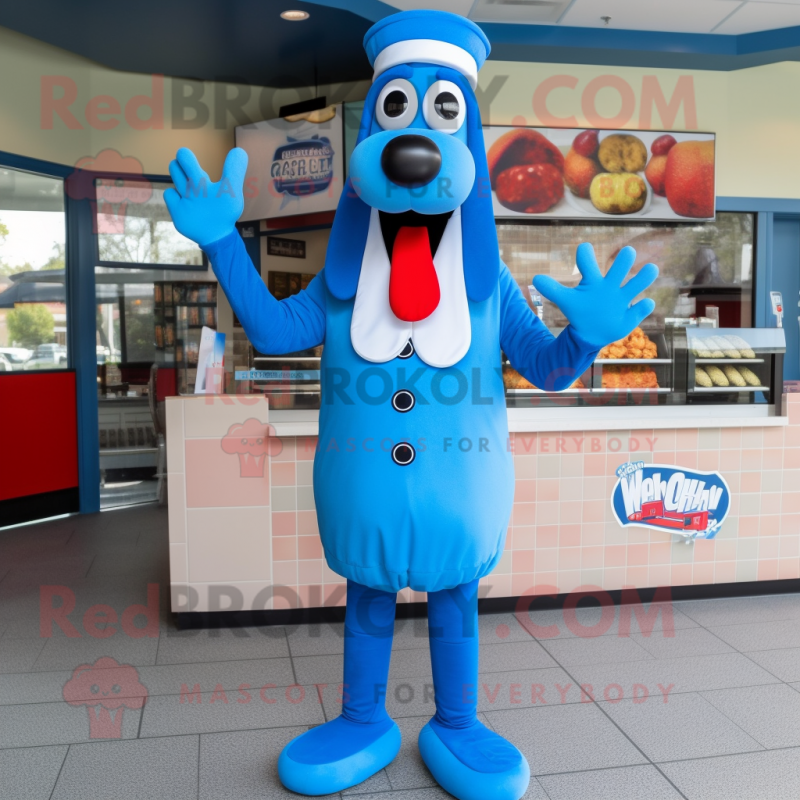 Blue Hot Dogs mascot costume character dressed with a Dress Shirt and Gloves