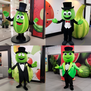 Lime Green Watermelon mascot costume character dressed with a Tuxedo and Mittens