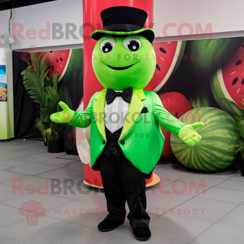 Lime Green Watermelon mascot costume character dressed with a Tuxedo and Mittens