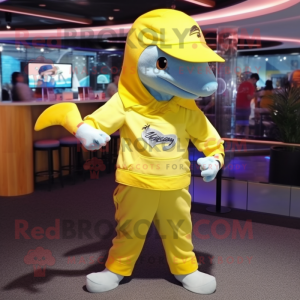 Lemon Yellow Dolphin mascot costume character dressed with a Graphic Tee and Berets