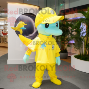 Lemon Yellow Dolphin mascot costume character dressed with a Graphic Tee and Berets