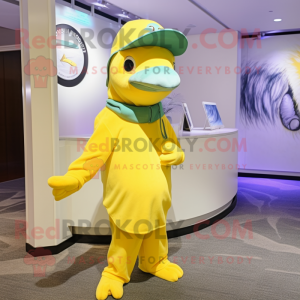 Lemon Yellow Dolphin mascot costume character dressed with a Graphic Tee and Berets