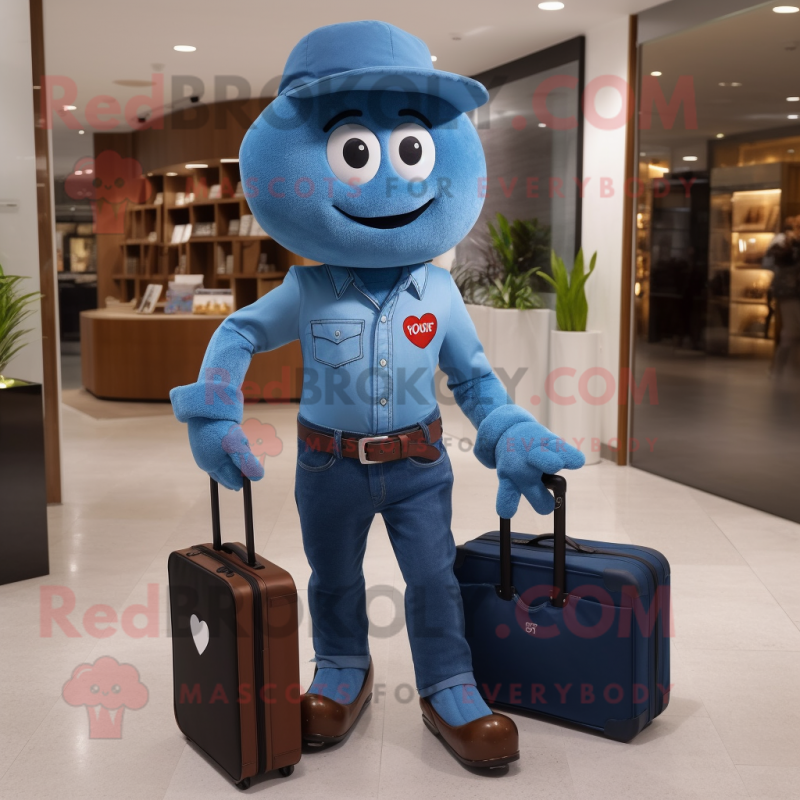 Blue Heart mascot costume character dressed with a Bootcut Jeans and Briefcases Blue Heart mascot costume character dressed with a Bootcut Jeans and Briefcases