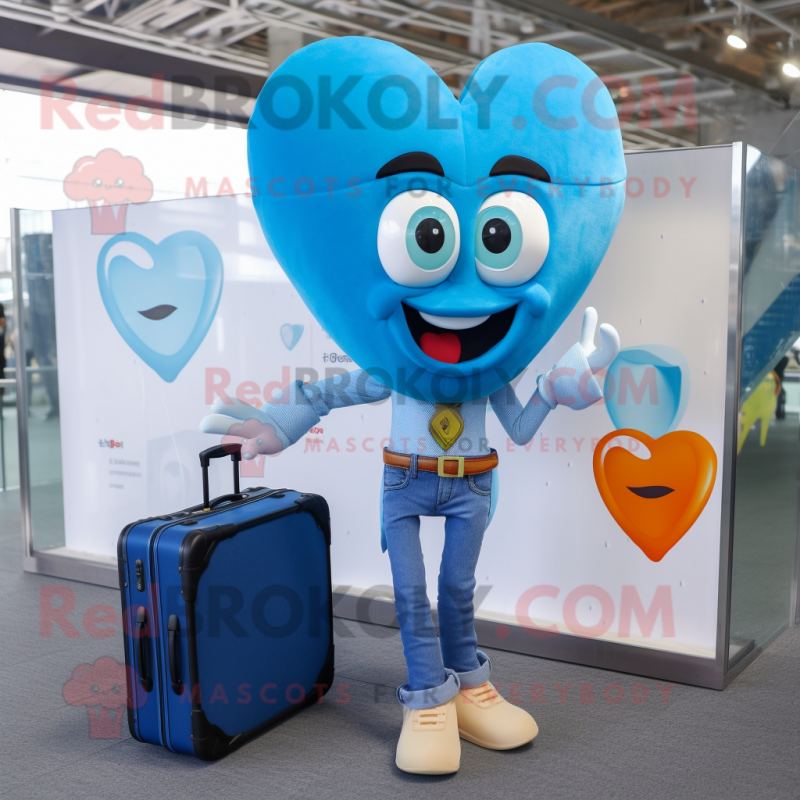 Blue Heart mascot costume character dressed with a Bootcut Jeans and Briefcases Blue Heart mascot costume character dressed with a Bootcut Jeans and Briefcases