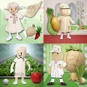 Beige Radish mascot costume character dressed with a Playsuit and Berets