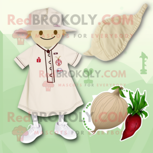 Beige Radish mascot costume character dressed with a Playsuit and Berets