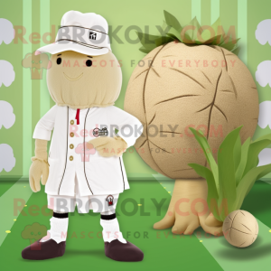 Beige Radish mascot costume character dressed with a Playsuit and Berets