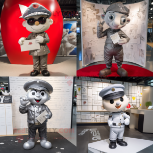 Silver Love Letter mascot costume character dressed with a Leather Jacket and Berets