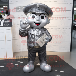Silver Love Letter mascot costume character dressed with a Leather Jacket and Berets