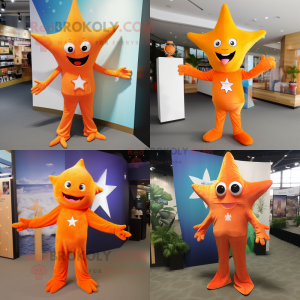 Orange Starfish mascot costume character dressed with a Long Sleeve Tee and Lapel pins