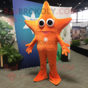 Orange Starfish mascot costume character dressed with a Long Sleeve Tee and Lapel pins