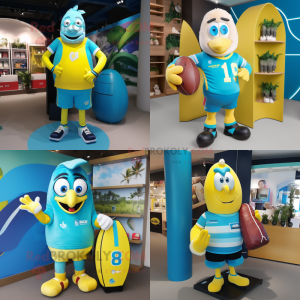 Cyan Banana mascot costume character dressed with a Rugby Shirt and Handbags