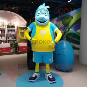 Cyan Banana mascot costume character dressed with a Rugby Shirt and Handbags