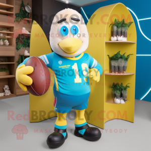 Cyan Banana mascot costume character dressed with a Rugby Shirt and Handbags