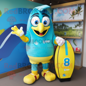 Cyan Banana mascot costume character dressed with a Rugby Shirt and Handbags