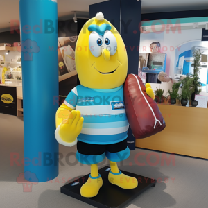 Cyan Banana mascot costume character dressed with a Rugby Shirt and Handbags
