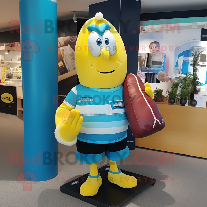 Cyan Banana mascot costume character dressed with a Rugby Shirt and Handbags Cyan Banana mascot costume character dressed with a Rugby Shirt and Handbags