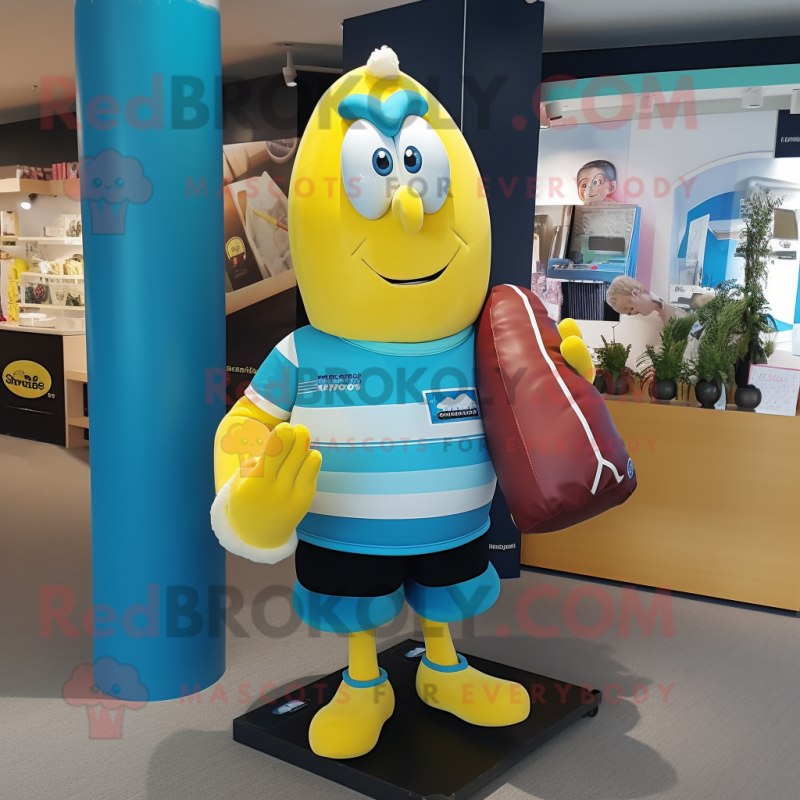 Cyan Banana mascot costume character dressed with a Rugby Shirt and Handbags