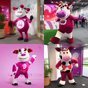 Magenta Hereford Cow mascot costume character dressed with a Leggings and Rings