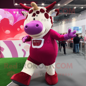 Magenta Hereford Cow mascot costume character dressed with a Leggings and Rings