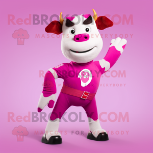 Magenta Hereford Cow mascot costume character dressed with a Leggings and Rings