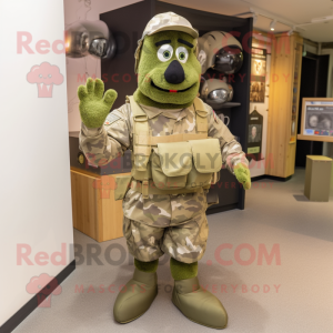 Olive Air Force Soldier mascot costume character dressed with a Oxford Shirt and Clutch bags