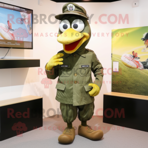 Olive Air Force Soldier mascot costume character dressed with a Oxford Shirt and Clutch bags