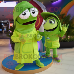 Lime Green Fajitas mascot costume character dressed with a Windbreaker and Rings