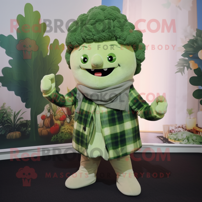 Cream Broccoli mascot costume character dressed with a Flannel Shirt and Wraps Cream Broccoli mascot costume character dressed with a Flannel Shirt and Wraps
