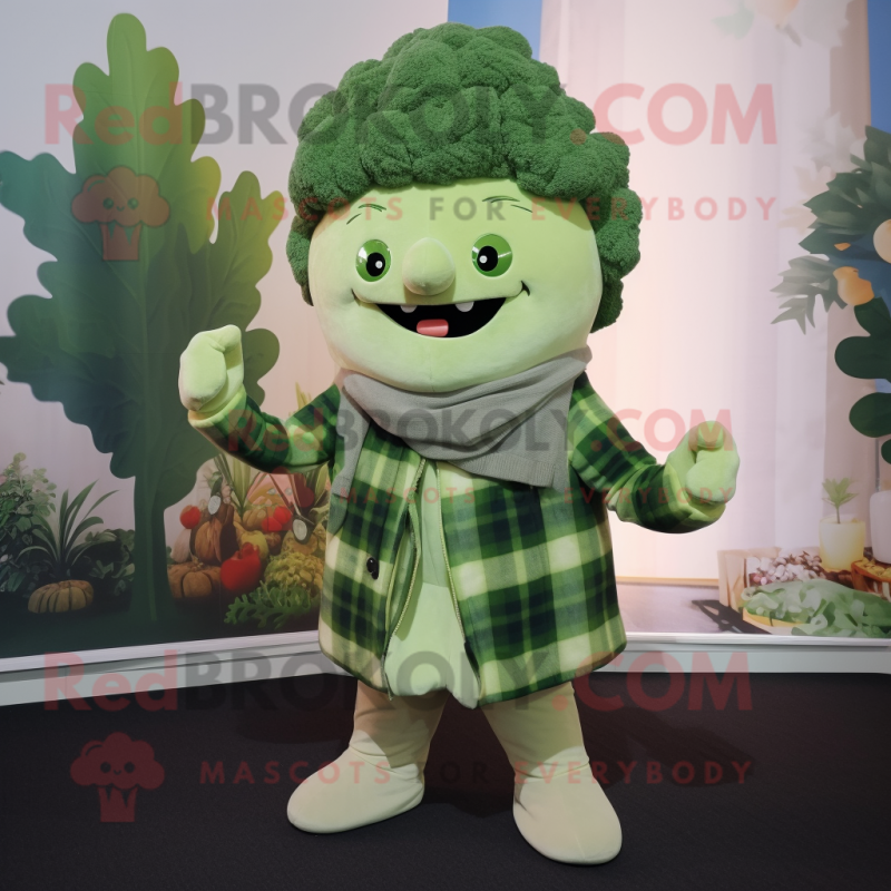 Cream Broccoli mascot costume character dressed with a Flannel Shirt and Wraps