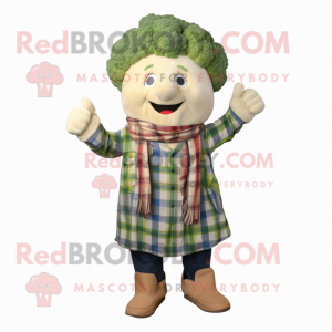 Cream Broccoli mascot costume character dressed with a Flannel Shirt and Wraps