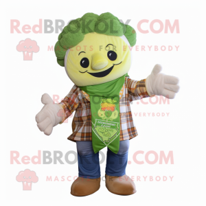 Cream Broccoli mascot costume character dressed with a Flannel Shirt and Wraps